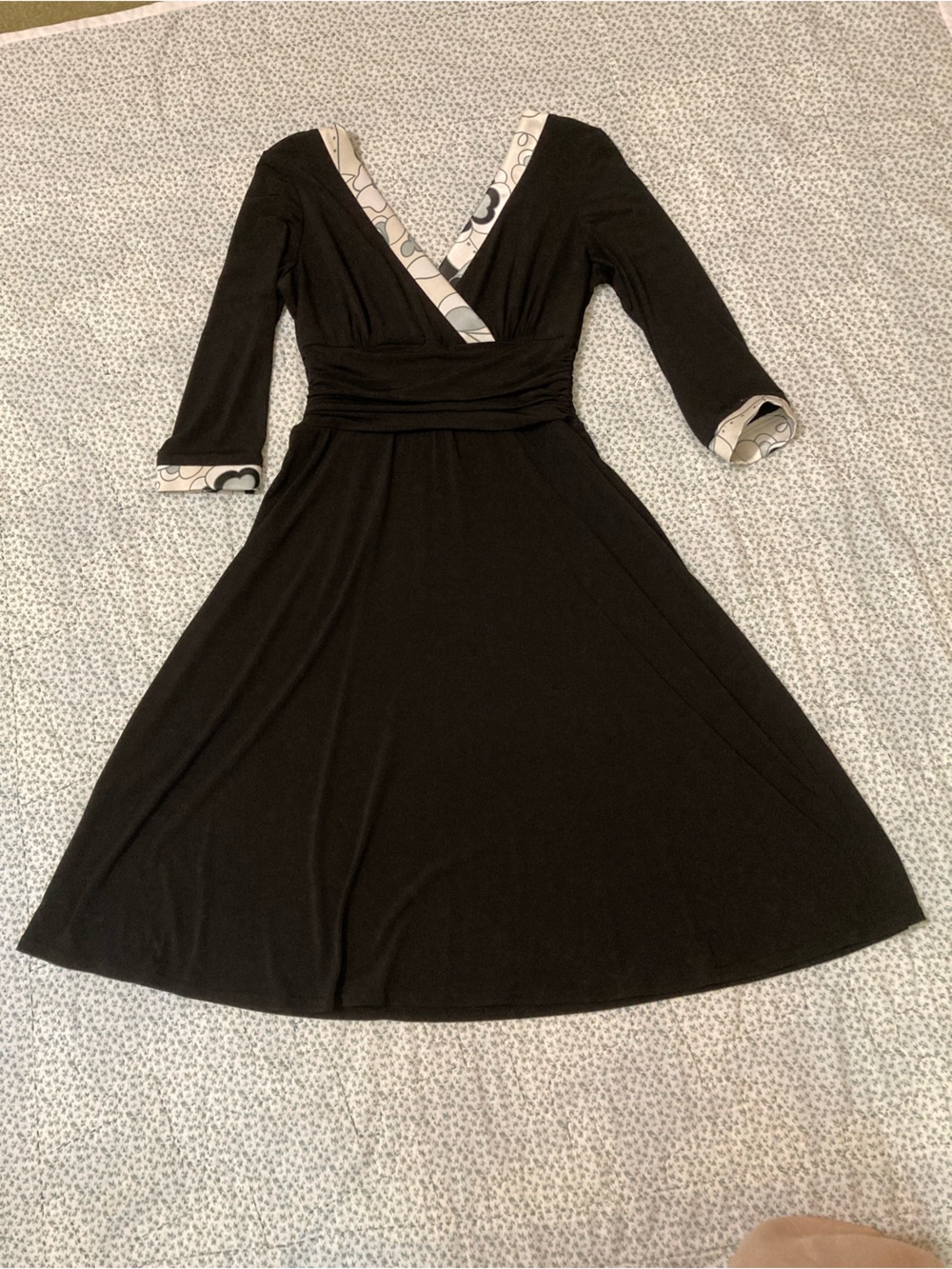 Sandra Darren Black Dress with White and Teal Patterned Trim